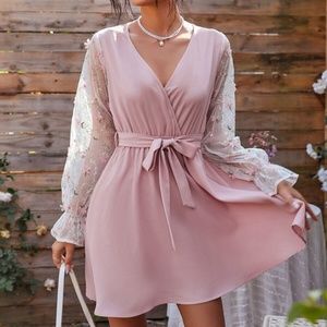 Boho Pink Floral Embroidered Sheer Sleeve Dress